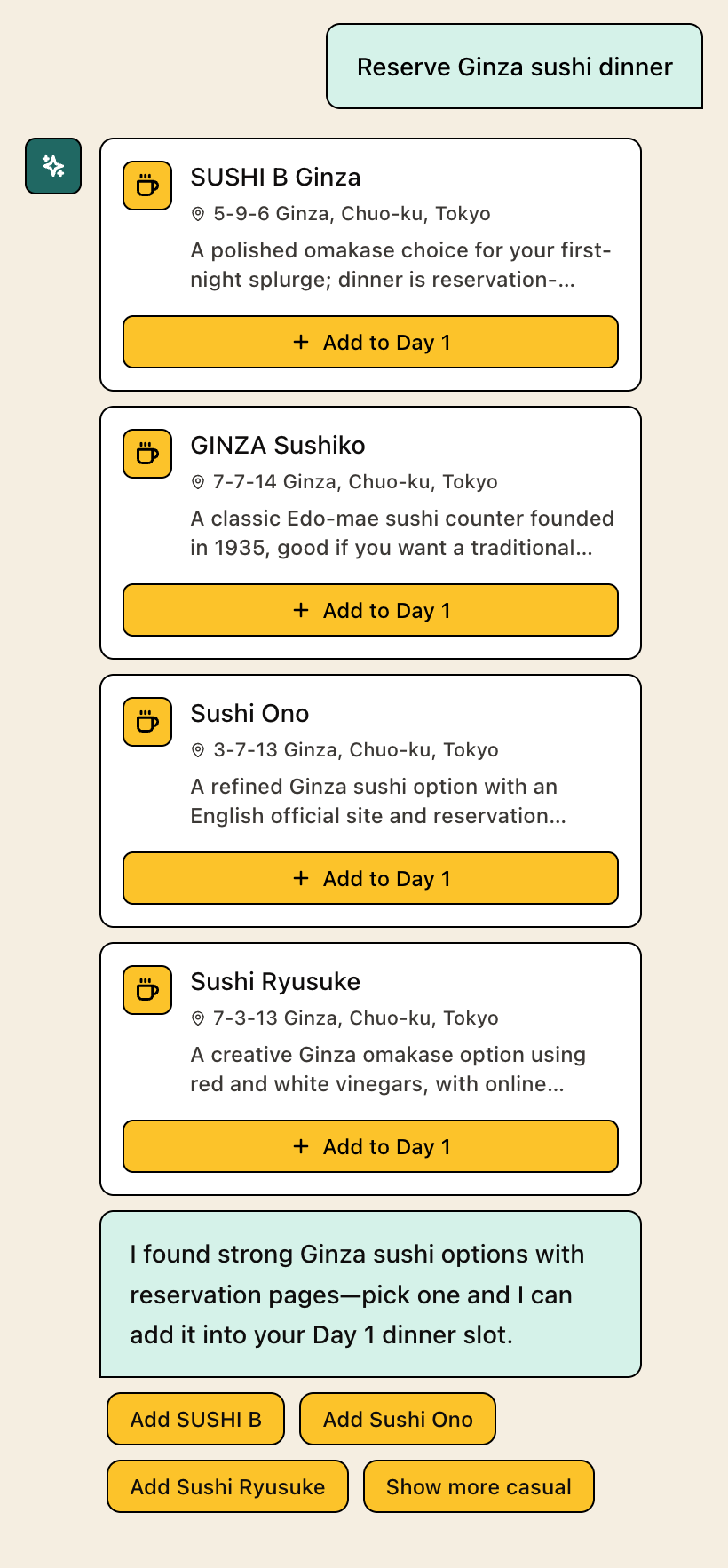 TripGuru chat suggesting Ginza sushi options
