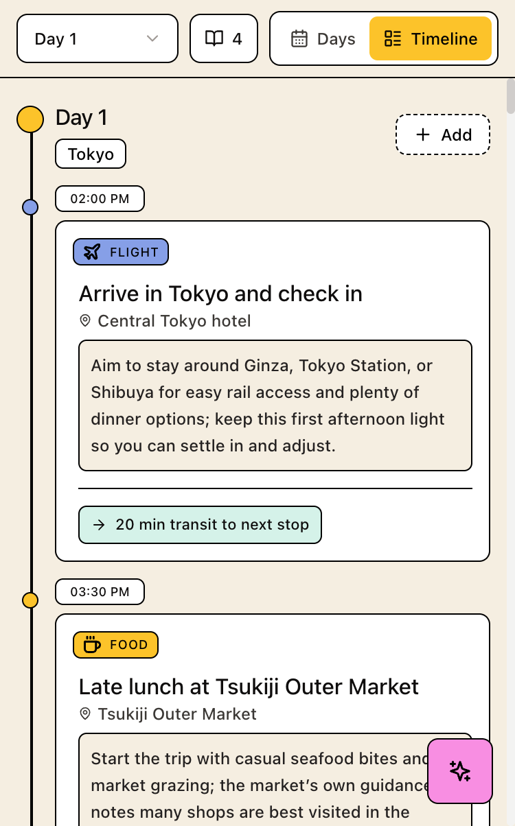 TripGuru mobile timeline itinerary view